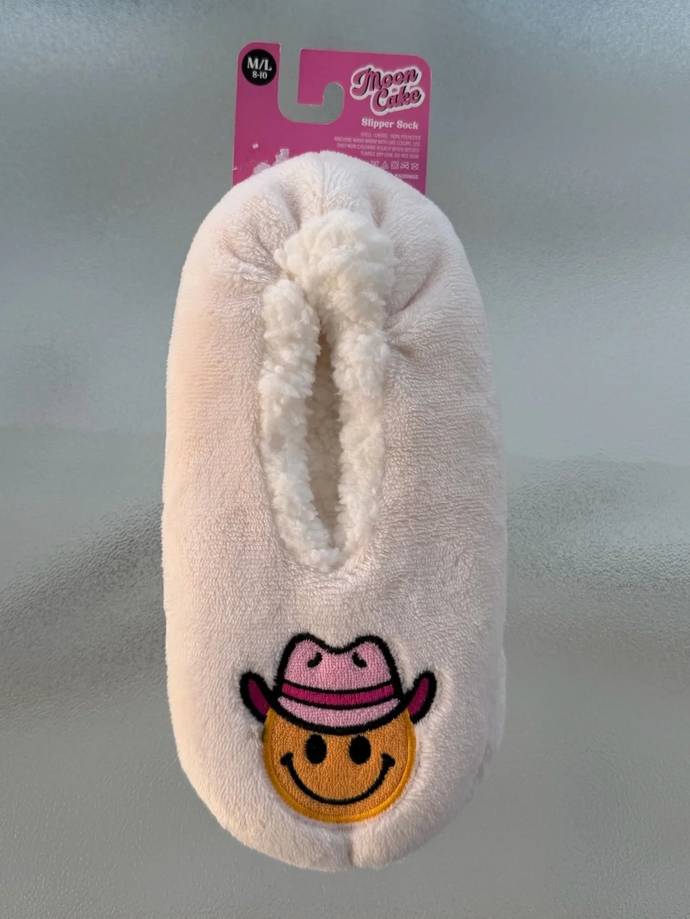 Moon Cake Smiley Face Western-Themed Fuzzy Slipper Socks ~ Women’s M/L (8-10)